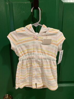 Carter's Hooded Zip Terry Dress in White with Yellow, Mint & Peach Stripes